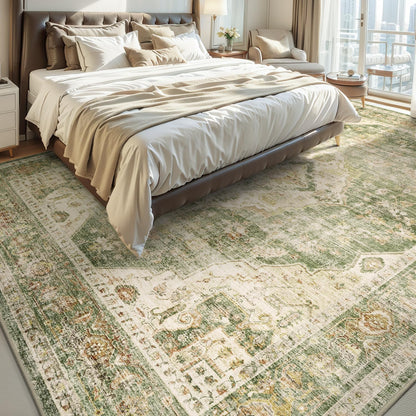 AMOAMI Vintage Soft Green Area Rug - 9x12, Non-Slip, Washable for Living Room, Bedroom, Dining