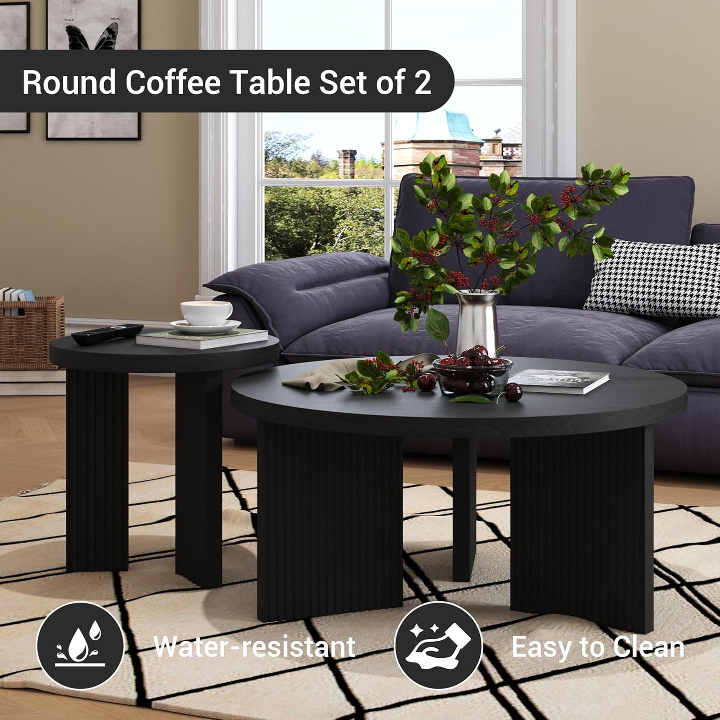 Nesting Coffee Table Set of 2, Modern Wooden Coffee Table with Smooth Thick Design, Circle Tea