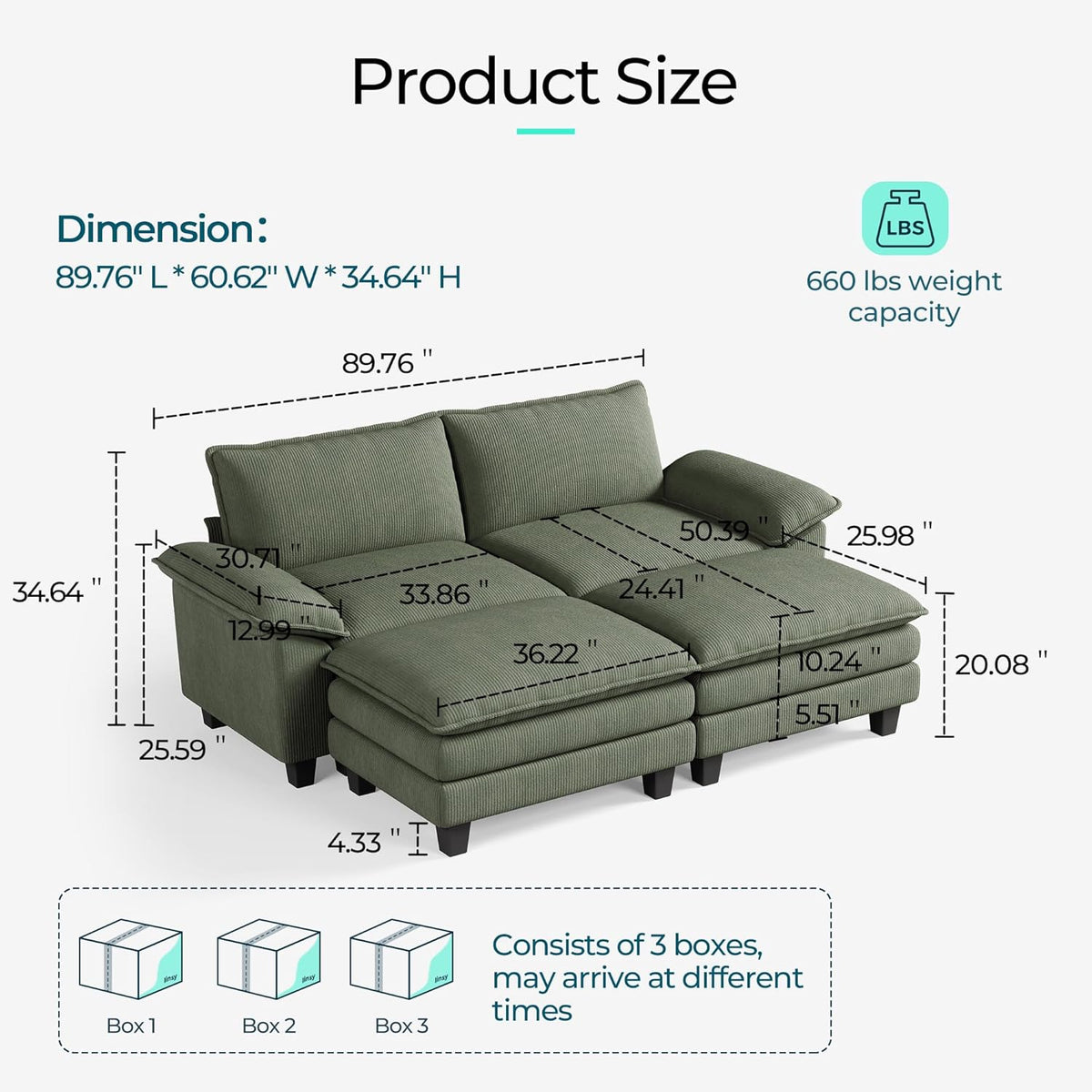 LINSY HOME Modular Sectional Sofa - 90'' Sleeper Sofa Cloud Couch Oversized Corduroy Sofa Bed with