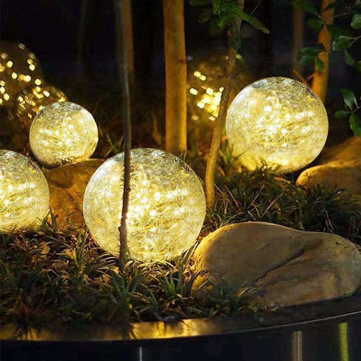 Solar Garden Lights Outdoor Waterproof, 6 Pack LEDs Cracked Glass Ball Light, Ground Landscape