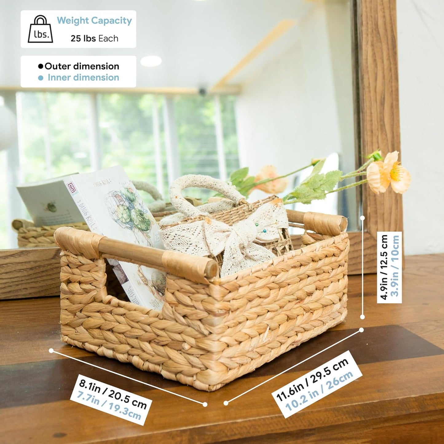 VATIMA Hyacinth Small Wicker Basket 11.6x8.1x4.9" - Bathroom Organizer, Wooden Handle, Decorative