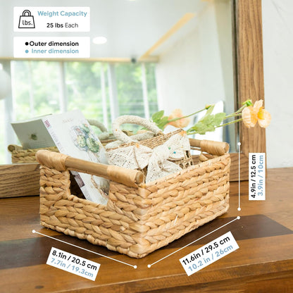 VATIMA Hyacinth Small Wicker Basket 11.6x8.1x4.9" - Bathroom Organizer, Wooden Handle, Decorative
