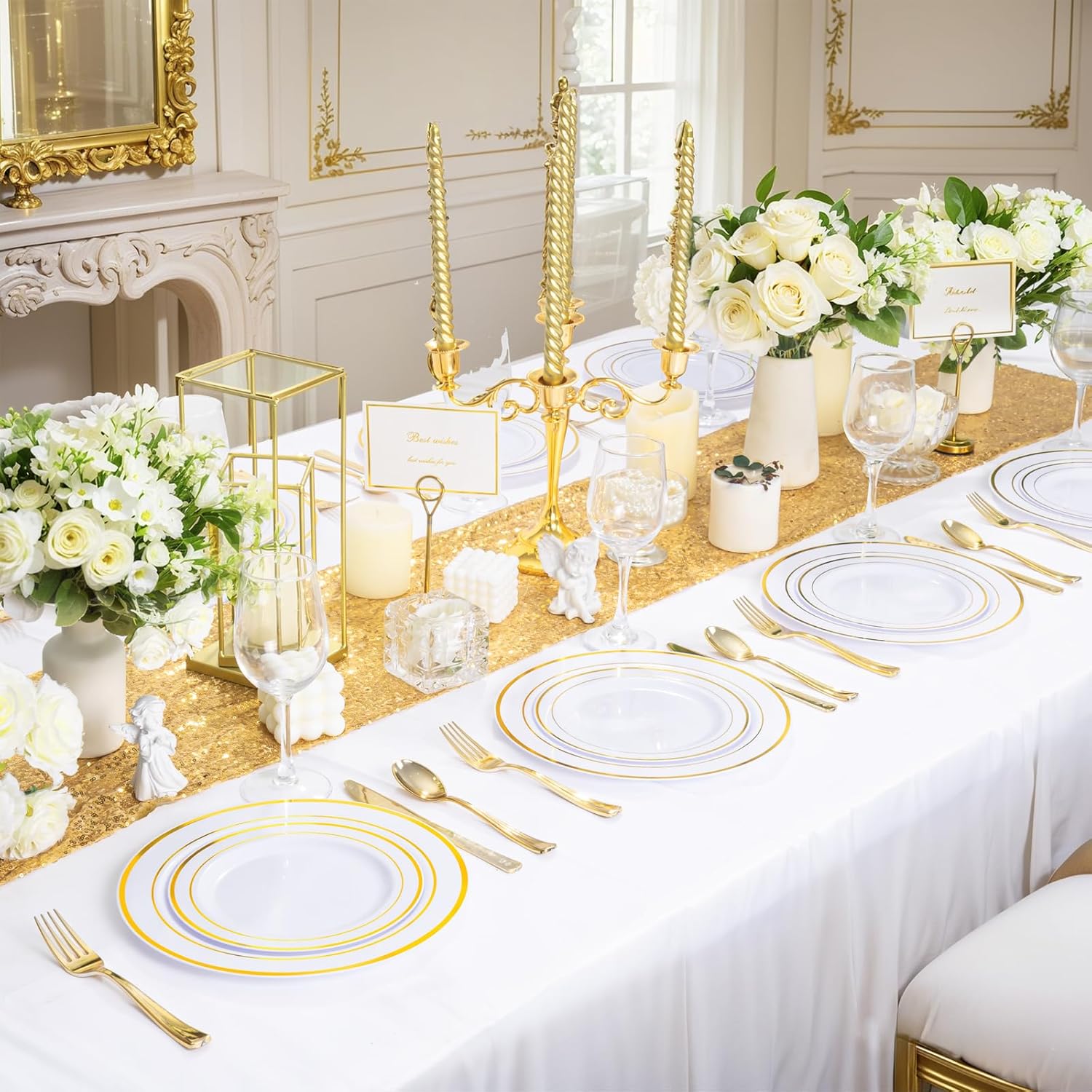 350 Pieces White and Gold Plastic Plates - 50 Guest Thanksgiving Dinnerware Set Include 100 Plates