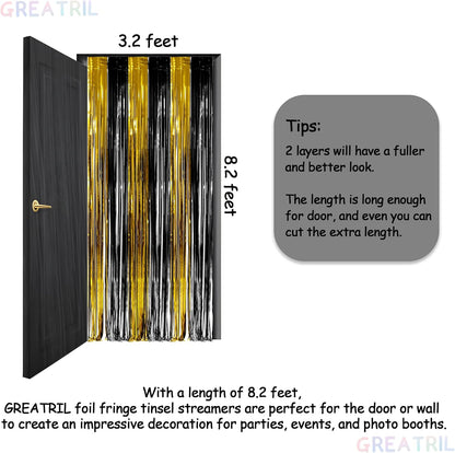 Black and Gold Party Streamers Decoration - GREATRIL Foil Fringe Backdrop for 2025