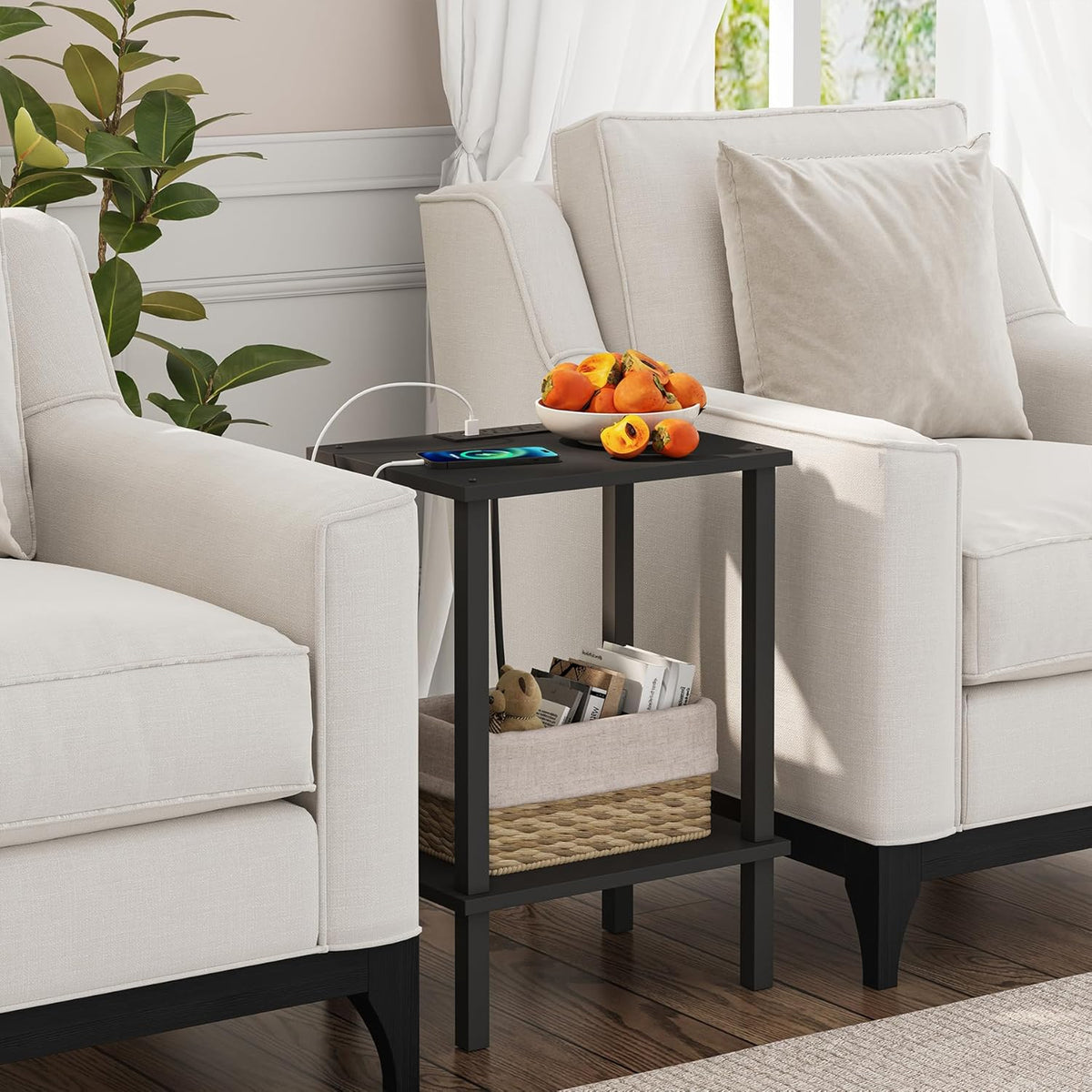 TUTOTAK End Table with Charging Station, Side Table with USB Ports and Outlets, Nightstand, 2-Tier