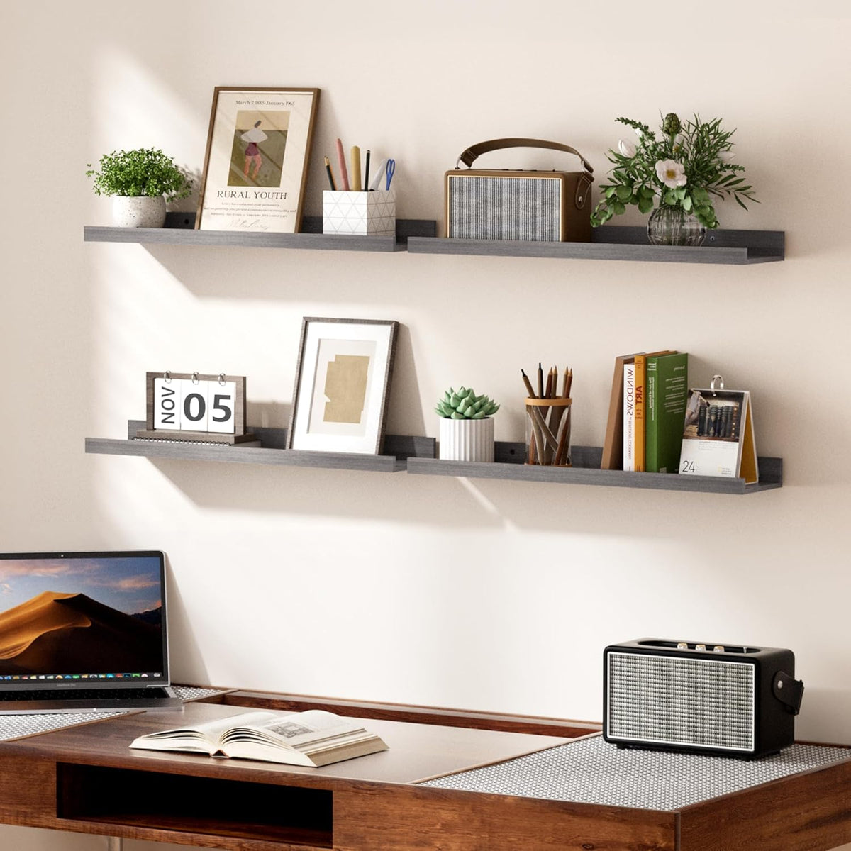 upsimples Floating Shelves for Wall, Wood Mounted Shelf Decor Storage Set of 6, for Bedroom, Living