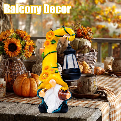 Fall Decorations for Home Porch 12" Solar Fall Gnome Sunflower Garden Statues Honey Bee Jar Decor
