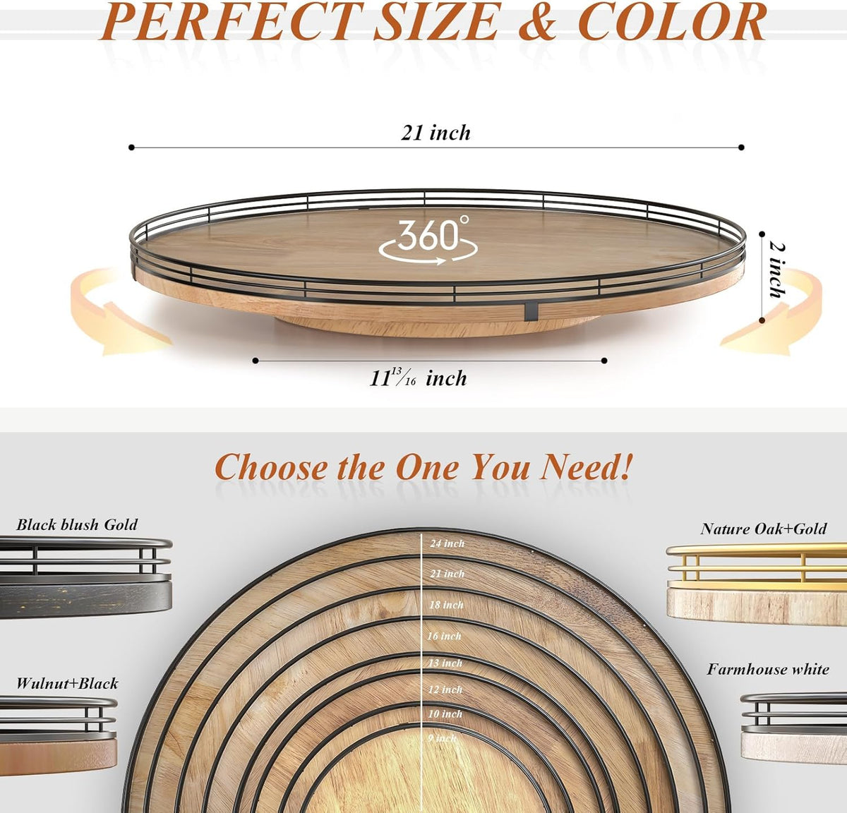 21" Lazy Susan Oak Wood Turntable Organizer for Cabinet, Farmhouse Round Wooden Large Lazy Susan