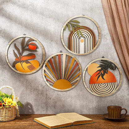 Qunclay 4 Pieces Boho Wall Art Wooden Bohemian Wall Decor Hanging Art Nursery Decor Farmhouse
