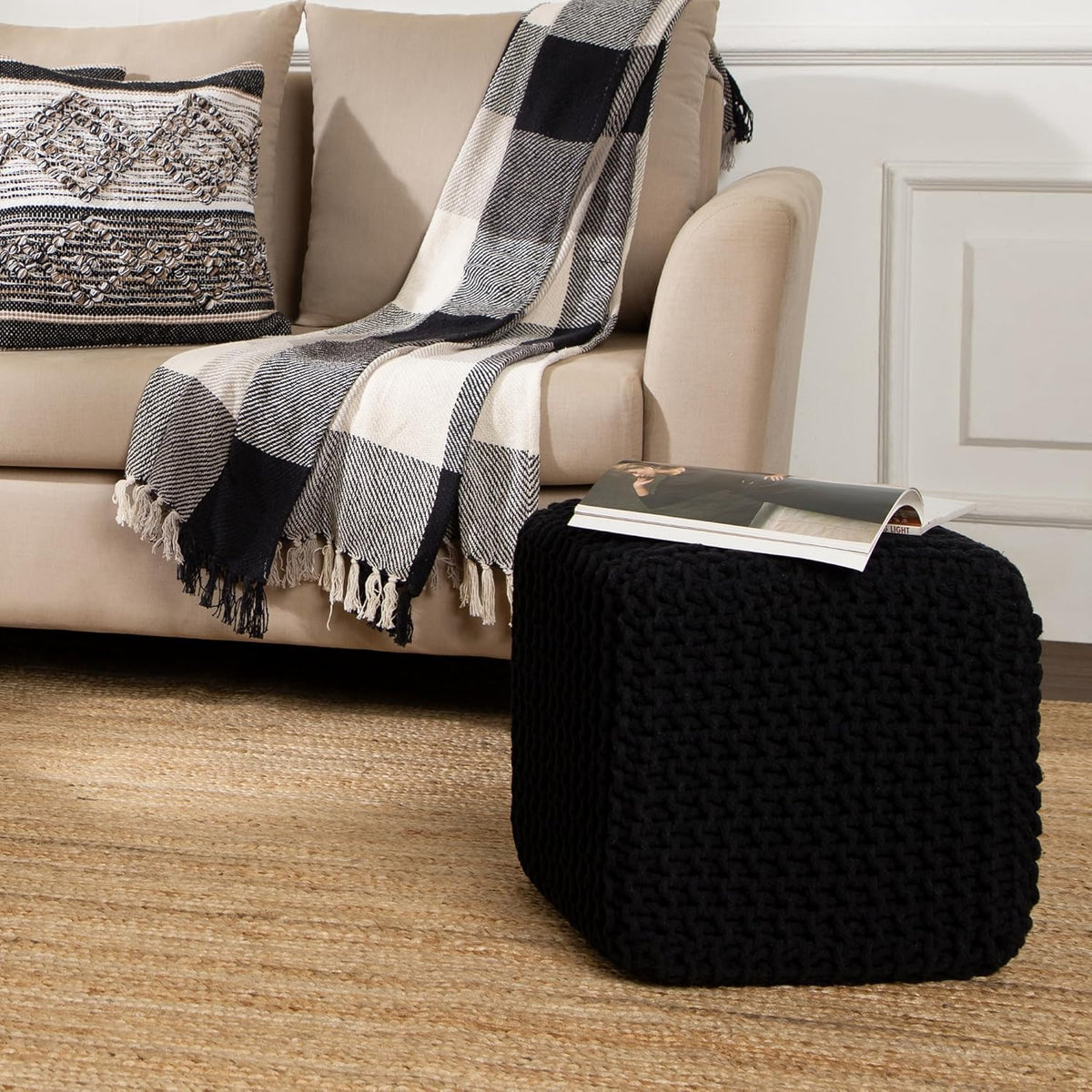 REDEARTH Cube Pouf Foot Stool Ottoman - Hand Knitted Poof - Cord Boho Pouffe - Home Décor - Stuffed