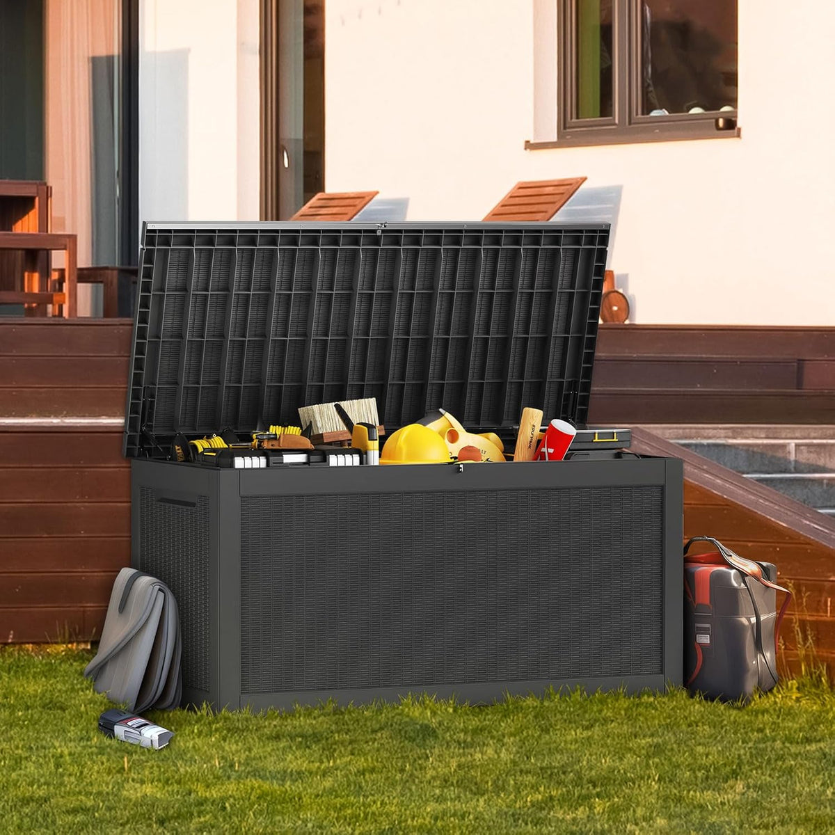 Vixzen 260 Gallon Resin Deck Box, Lockable Outdoor Storage Box for Patio Cushions Storage