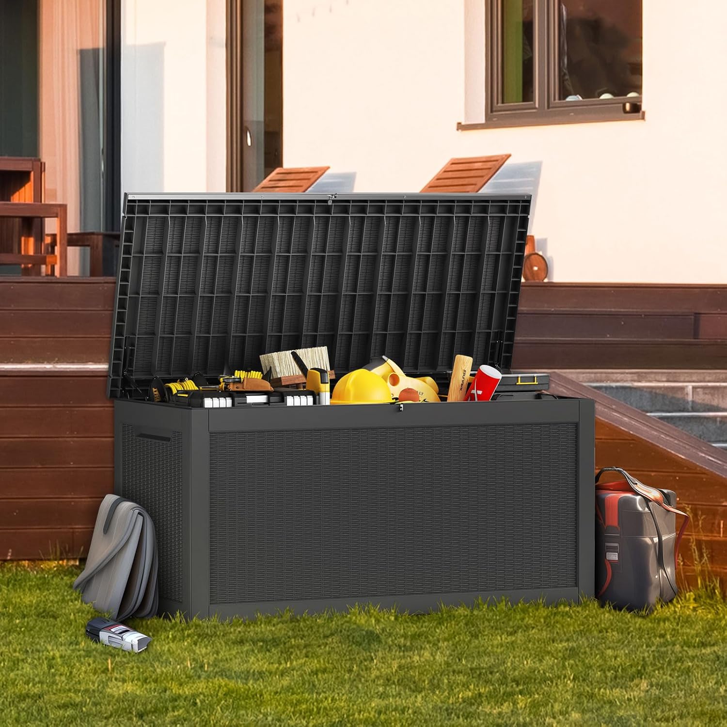 Vixzen 260 Gallon Resin Deck Box, Lockable Outdoor Storage Box for Patio Cushions Storage