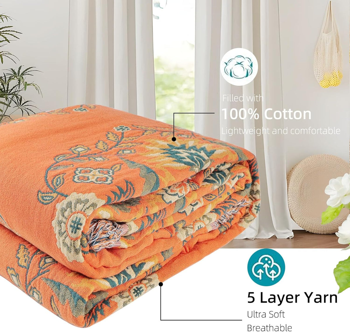 Boho Throw Blanket for Bed - 100% Pure Cotton Ultra Soft Rustic Quilt - Farmhouse Decor Bed