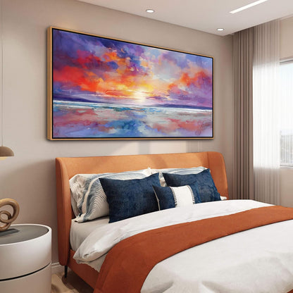 DUNHUANG ART Vibrant Orange Sunset Wall Art - Colorful Ocean Abstract Beach Decor for Living Room &