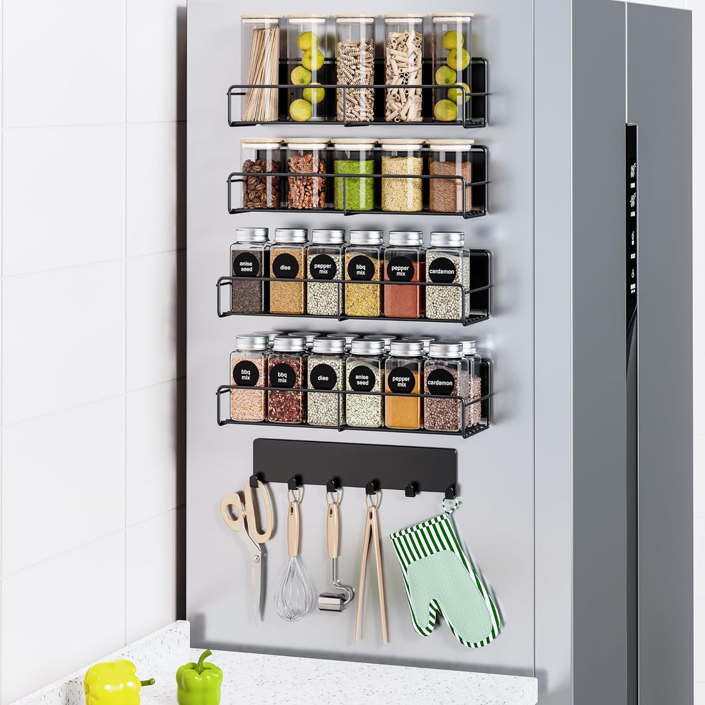 5-Pack Moveable Magnetic Spice Rack Organizer With 6 Hooks for Refrigerator, Metal Fridge Shelf