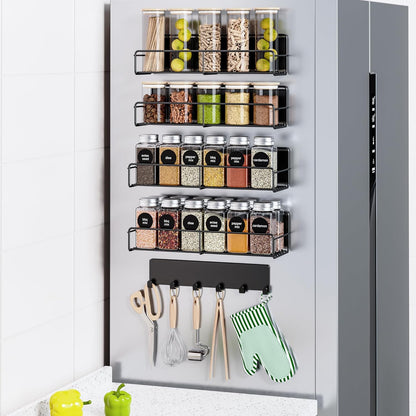 5-Pack Moveable Magnetic Spice Rack Organizer With 6 Hooks for Refrigerator, Metal Fridge Shelf
