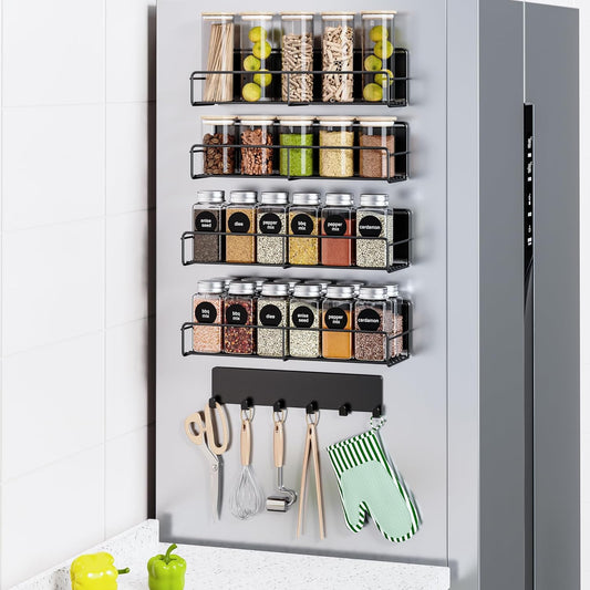 5-Pack Moveable Magnetic Spice Rack Organizer With 6 Hooks for Refrigerator, Metal Fridge Shelf