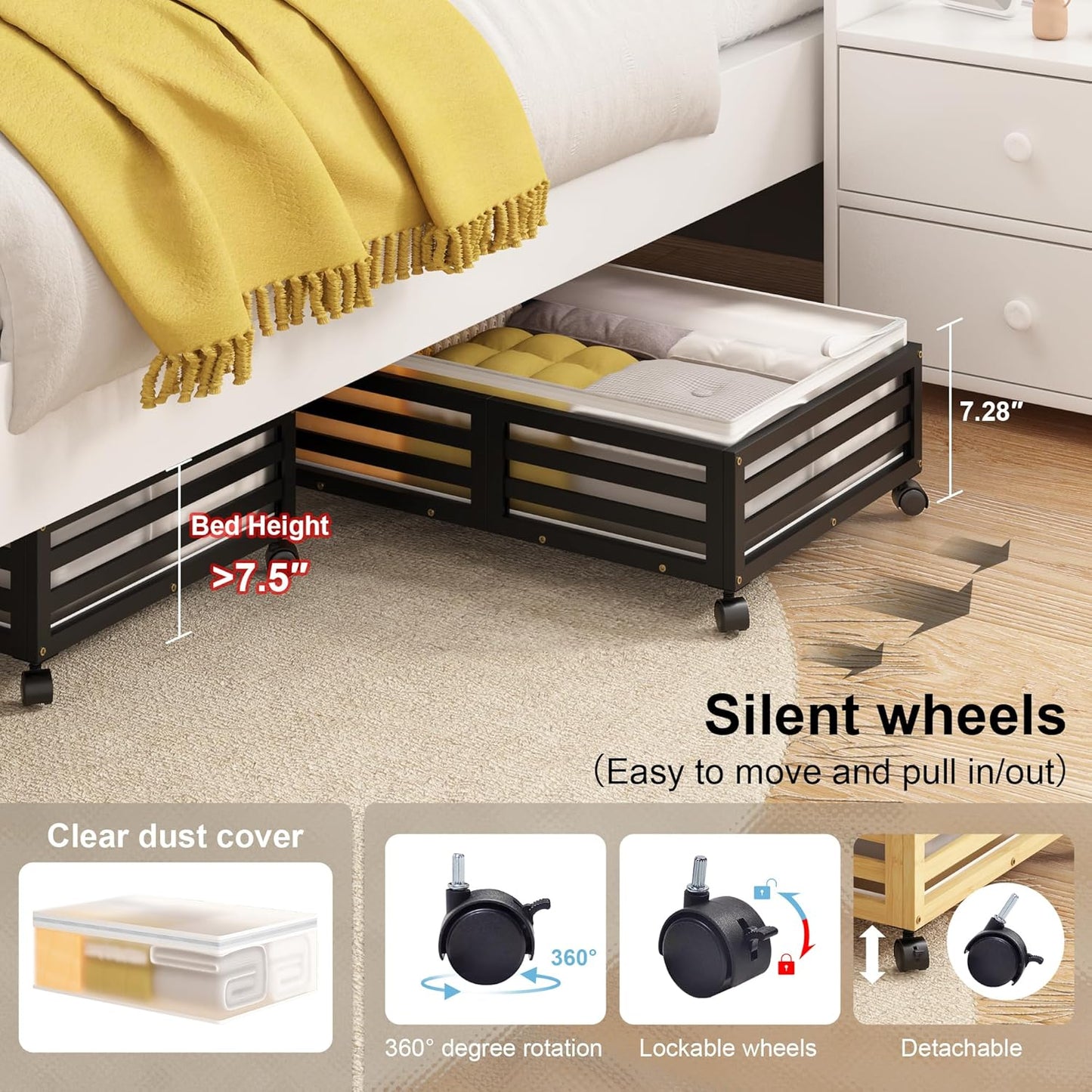 Under Bed Storage with Wheels-Large Bamboo Underbed storage Containers with Large Dust Bag
