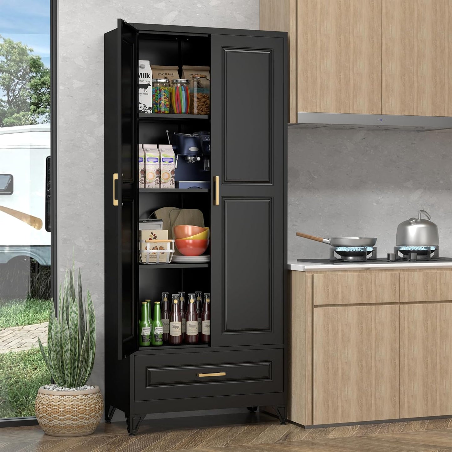 Pantry Kitchen Cabinet with Drawer, 75" Tall Pantry Storage Cabinet, Metal Storage Cabinets with