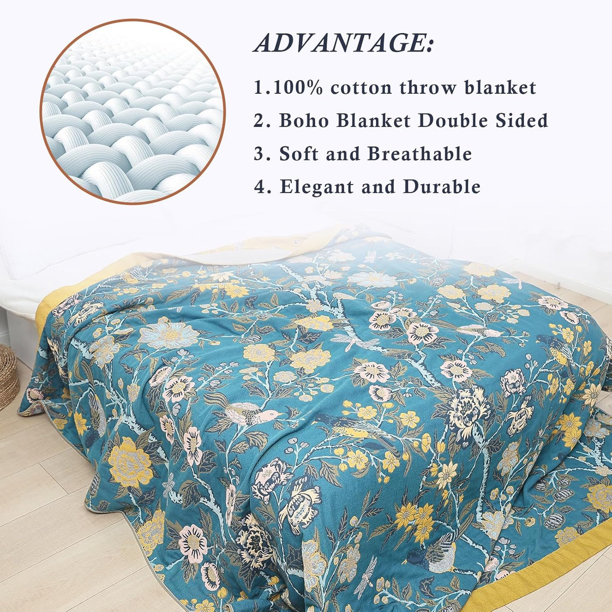 Snycler Boho Throw Blanket for Bed - 100% Cotton Ultra Soft Rustic Quilt Blanket Green Bird Floral