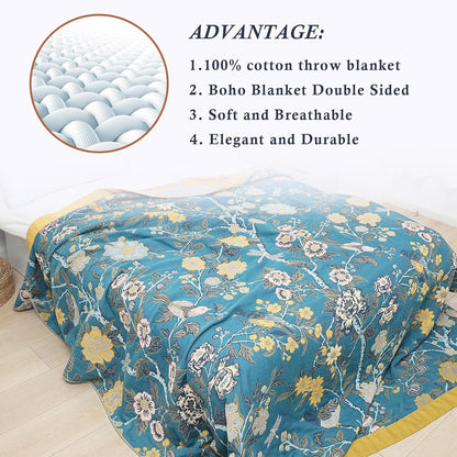 Snycler Boho Throw Blanket for Bed - 100% Cotton Ultra Soft Rustic Quilt Blanket Green Bird Floral