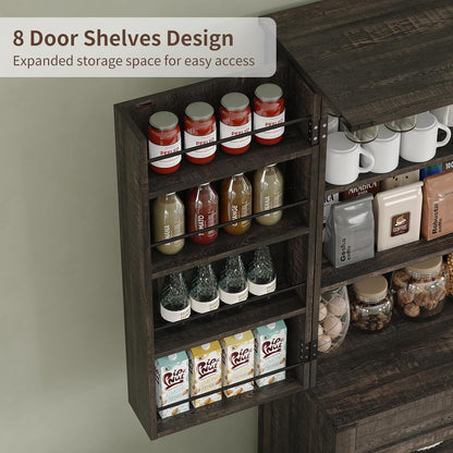 Pantry Organizers and Storage Cabinet, 70” Barn Door White Kitchen Cabinet with Drawers and