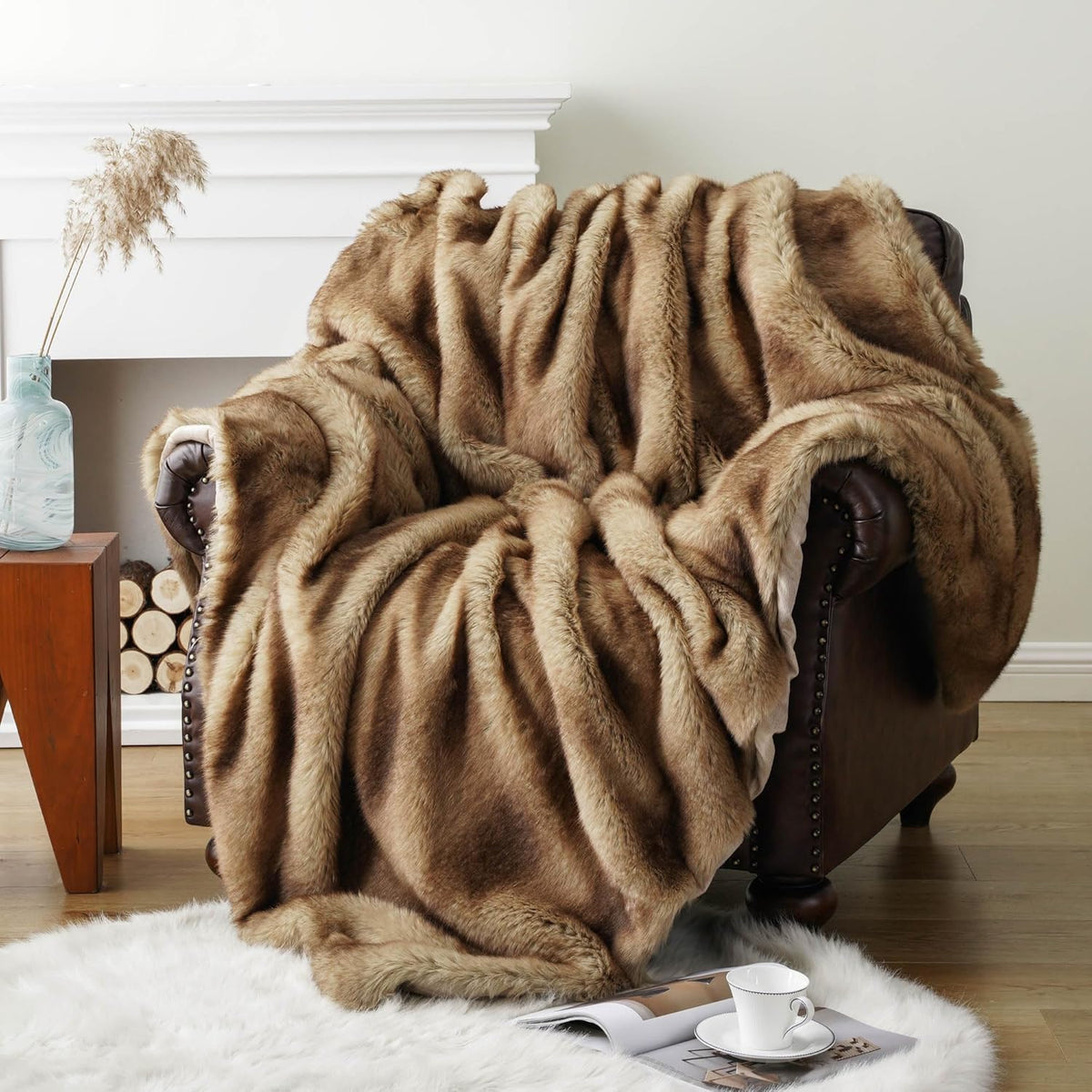 BATTILO HOME Luxury Ochre Faux Fur Throw Blanket, Soft Cozy Mink Fur Blanket for Couch, Sofa, Bed