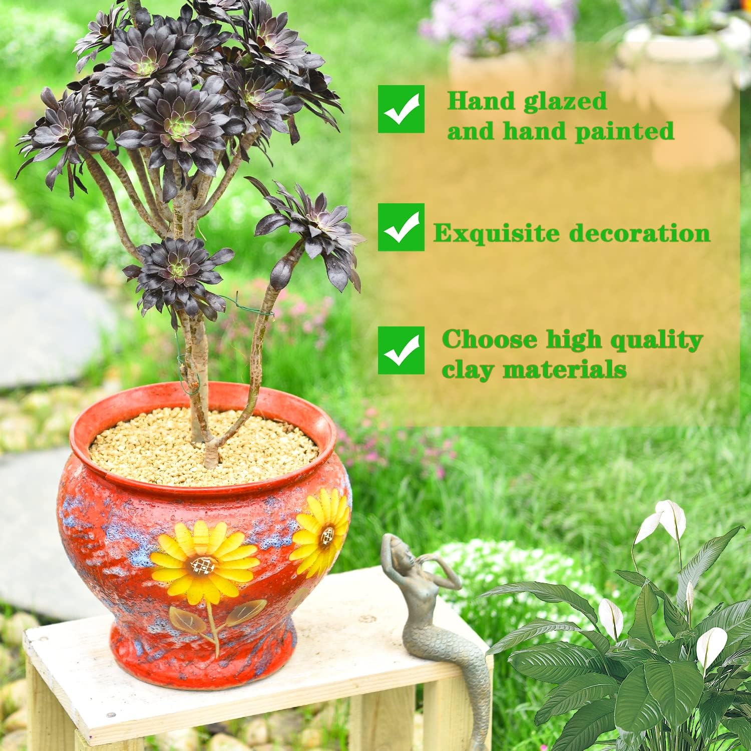 Sungmor Ceramic Hand Painted Succulent Flower Pots, 9 Inch Large Pottery Pots for Indoor Outdoor