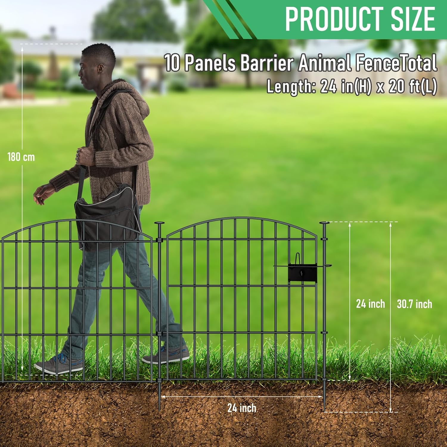 10 Panels Garden Fence Dog Fence Outdoor for Yard, 24in H x 20ft L Rustproof Metal Fencing with