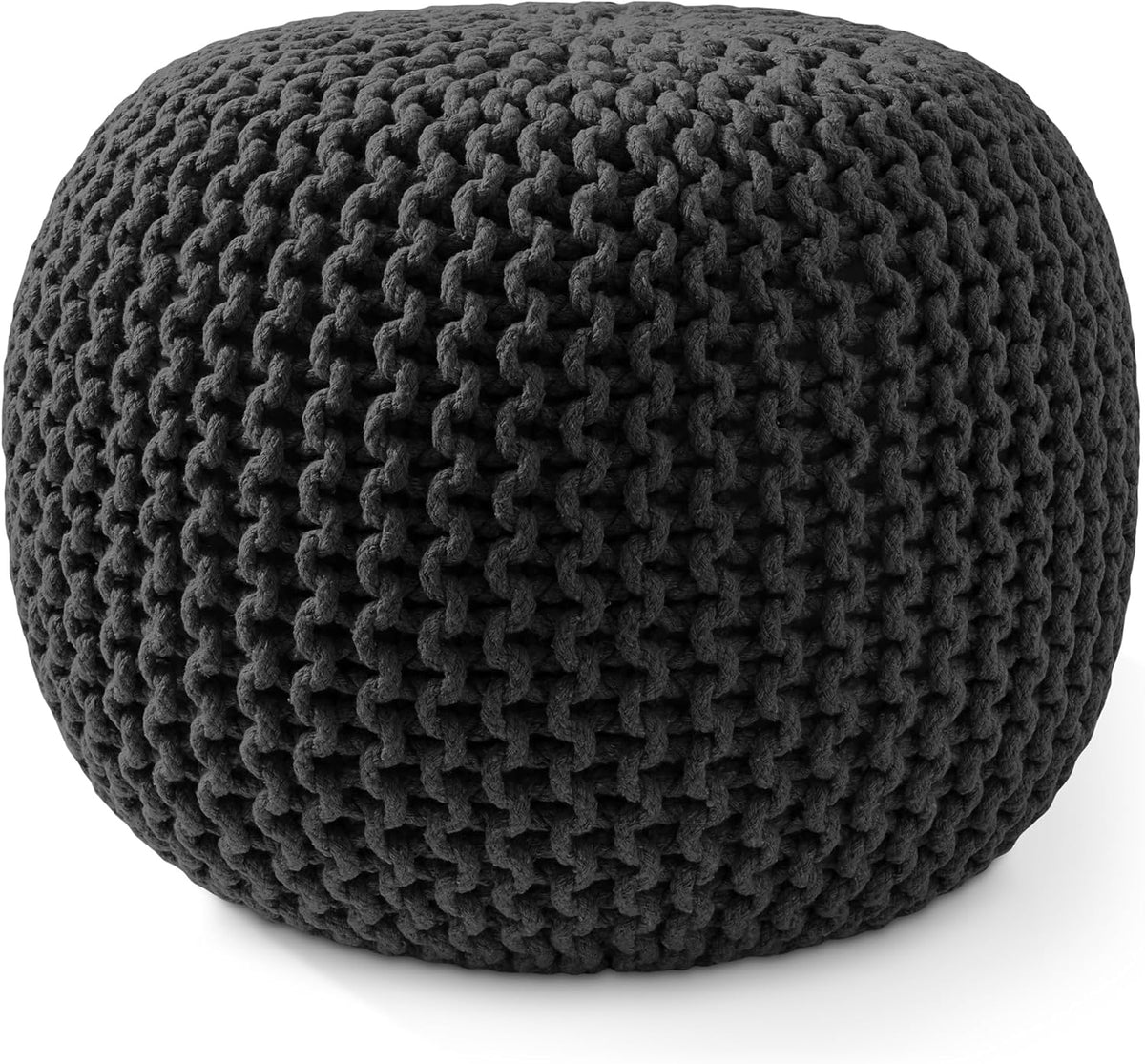 Casafield Round Pouf Ottoman, Black - 20" Diameter x 14.5" High Cotton Knit Foot Stool - Boho Floor