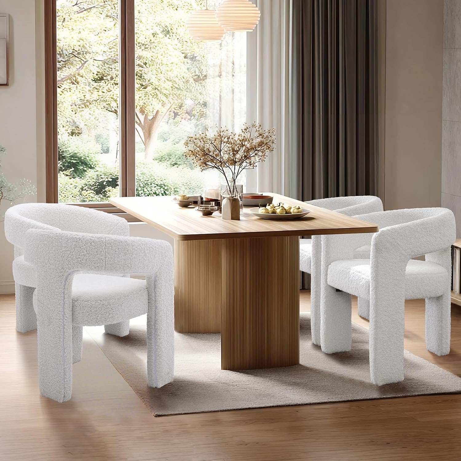 White Boucle Dining Chairs Set of 4, Modern Barrel Dining Room Chairs Upholstered Faux Fur Accent