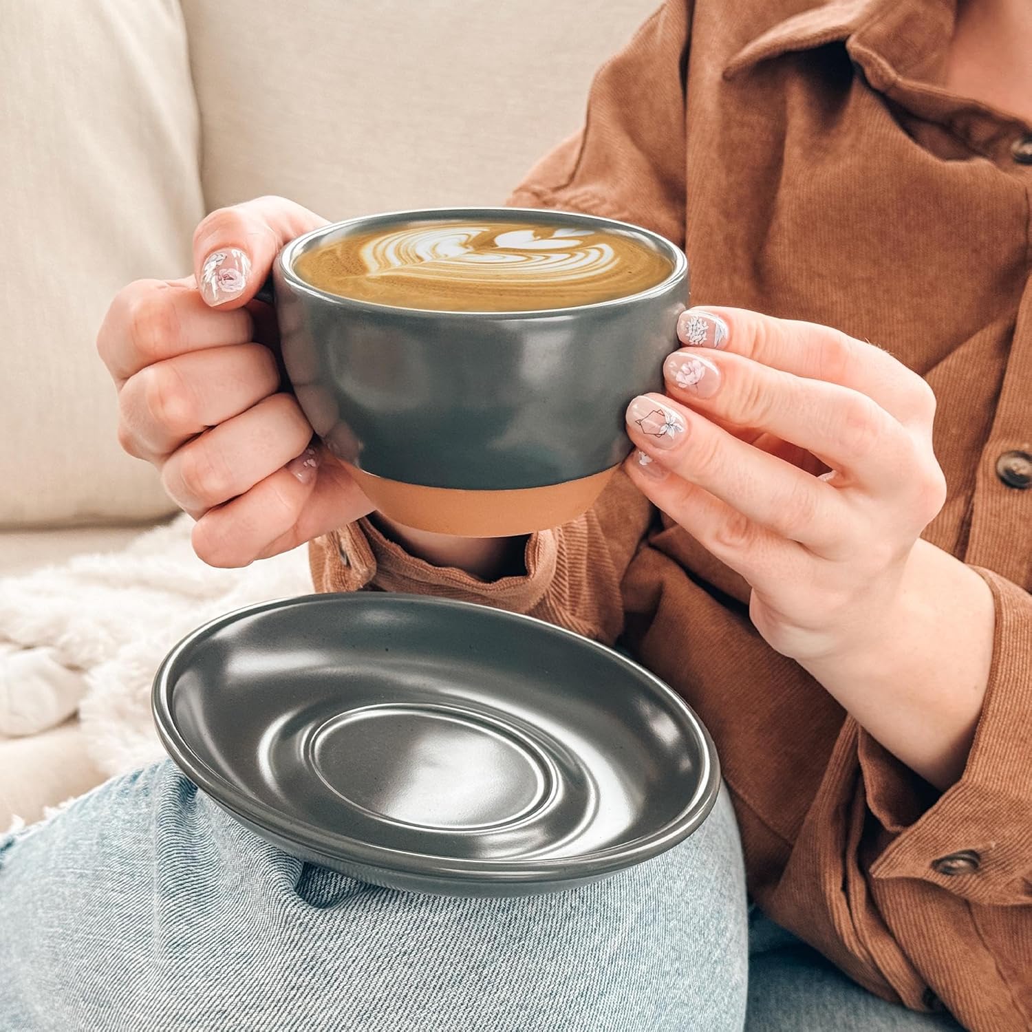 Mora Ceramic Latte Art Mug With Saucer - 10.5 oz, Round Bottom For Perfect Pours - Cafe Cups for