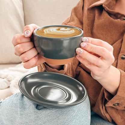 Mora Ceramic Latte Art Mug With Saucer - 10.5 oz, Round Bottom For Perfect Pours - Cafe Cups for