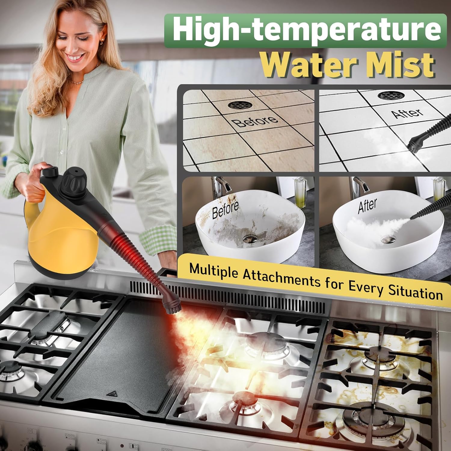 Multi-Surface Portable Steam Cleaner with 11Pcs Accessories, Chemical-Free Pressurized Steamer for