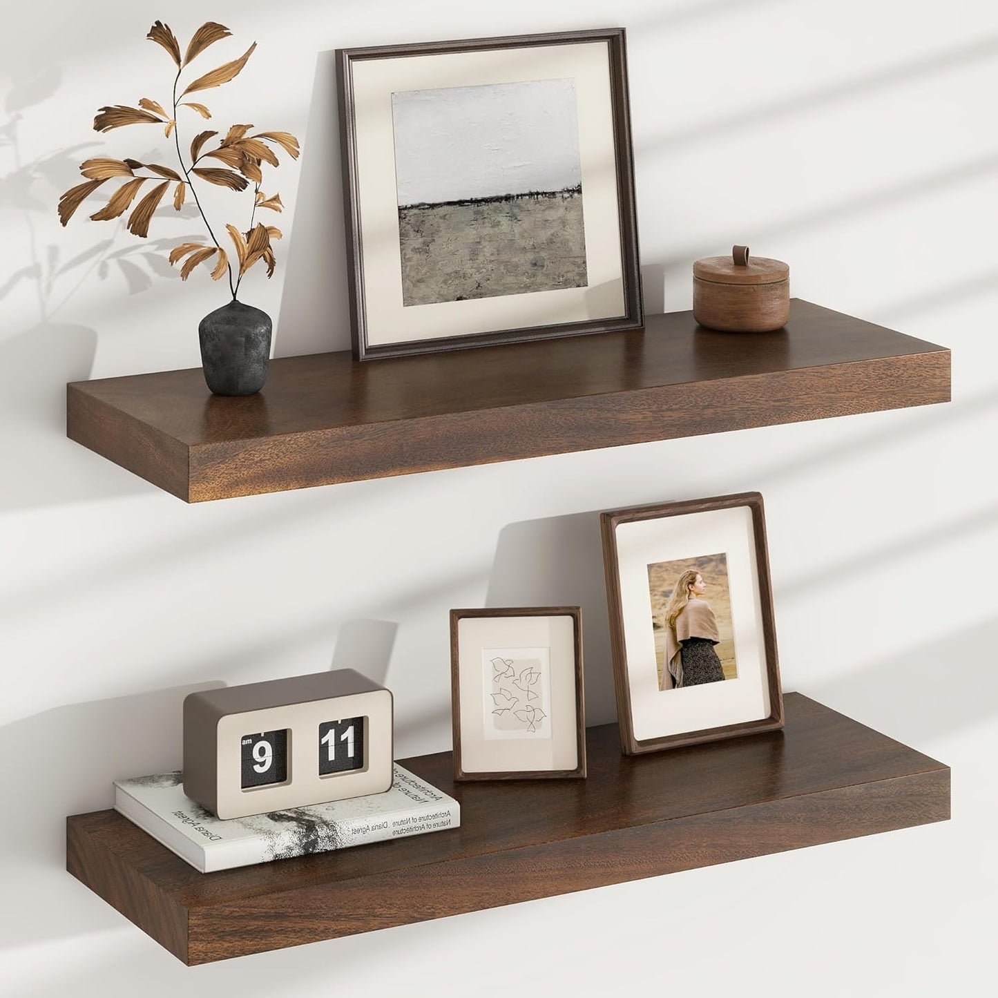 Floating Shelves for Wall, USA-Sourced Walnut Wood 24 Inch Wall Shelves Set of 2, Natural Wooden