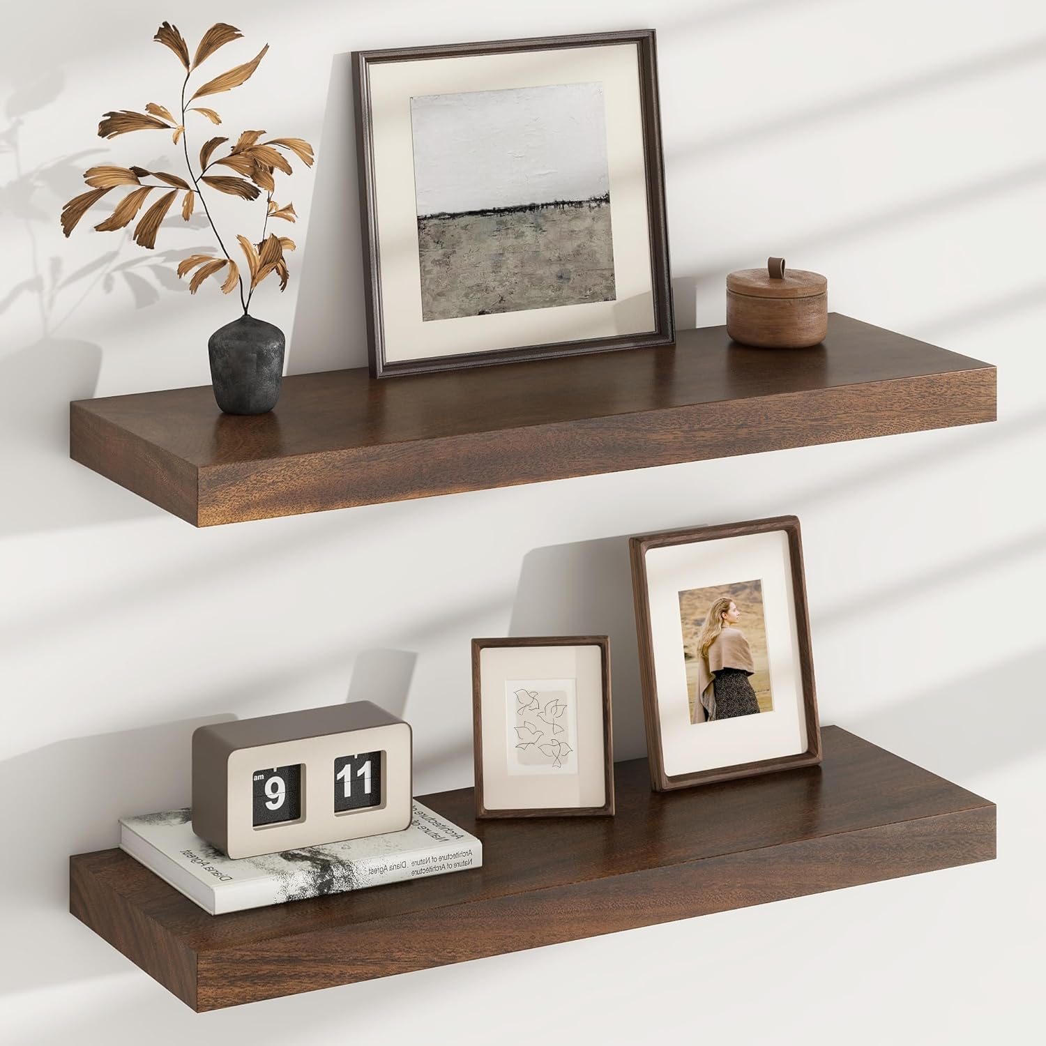 Floating Shelves for Wall, USA-Sourced Walnut Wood 24 Inch Wall Shelves Set of 2, Natural Wooden