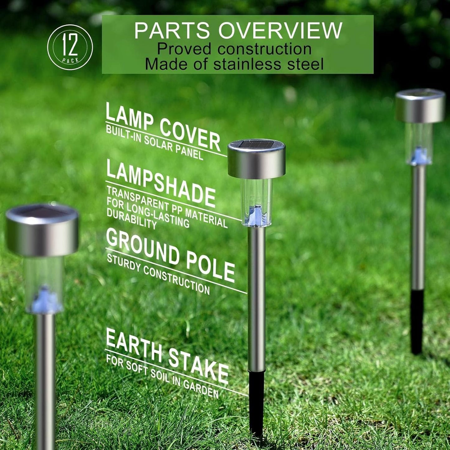 Solar Lights Outdoor Waterproof, Stainless Steel LED Landscape Lighting, Solar Garden Lights Solar