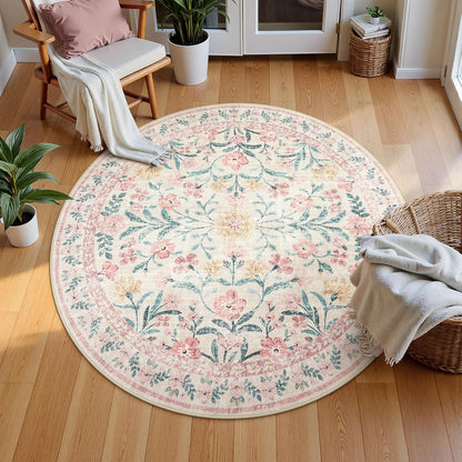 Wonnitar Washable Round Rugs 6ft, Pink Floral Circle Rug Large Round Carpet for Bedroom, Boho Soft