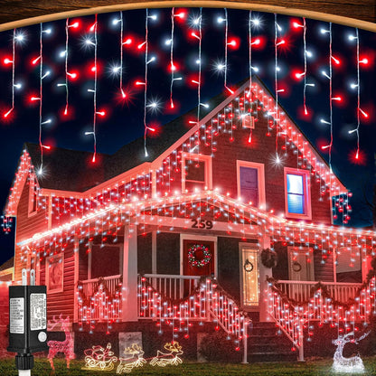 33ft Red and White Christmas Lights, 400 LED Icicle Lights for Outside, Clear Wire Connectable