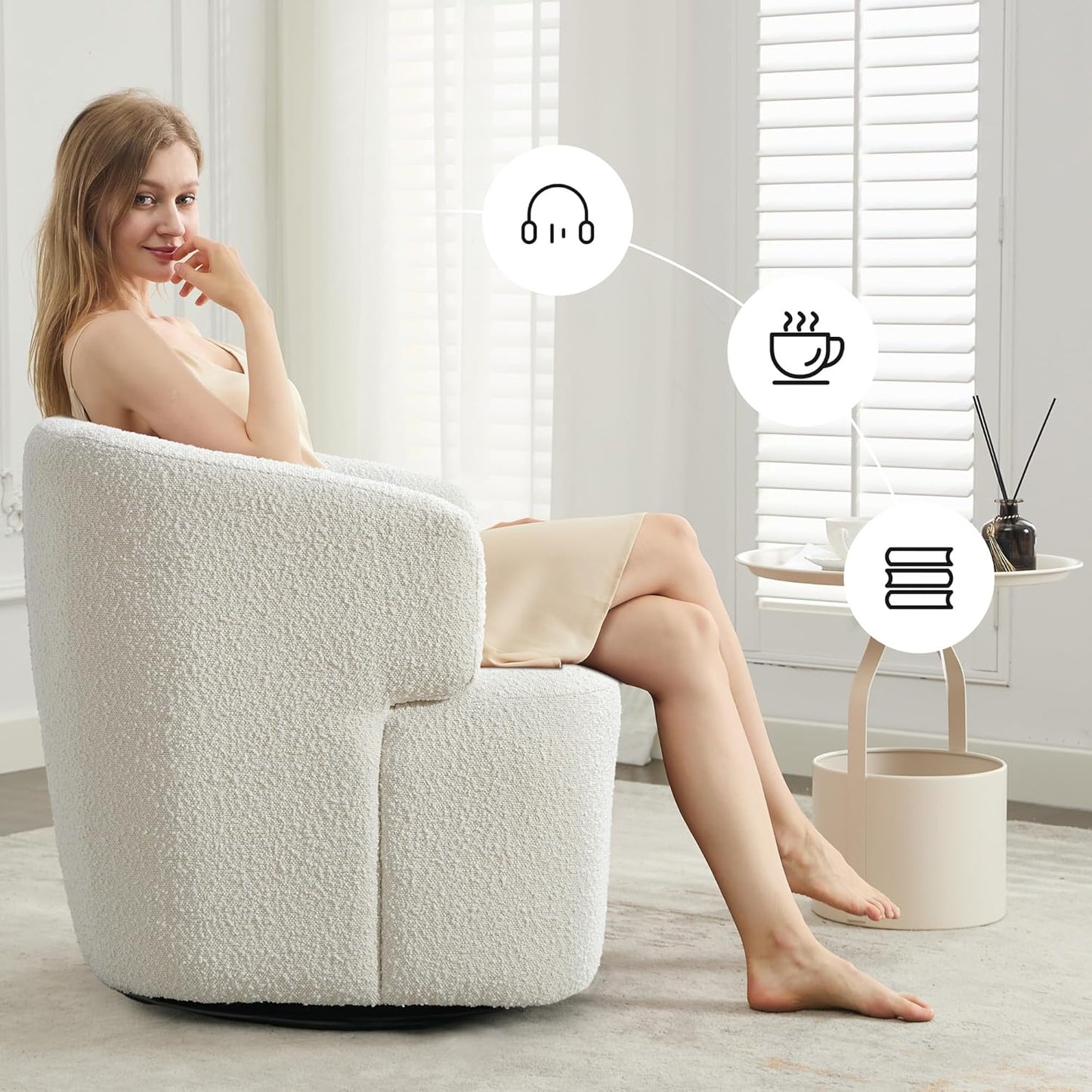 Swivel Accent Chair, Sherpa Teddy Barrel Chair for Living Room, Cozy Round Boucle Arm Chair, Metal
