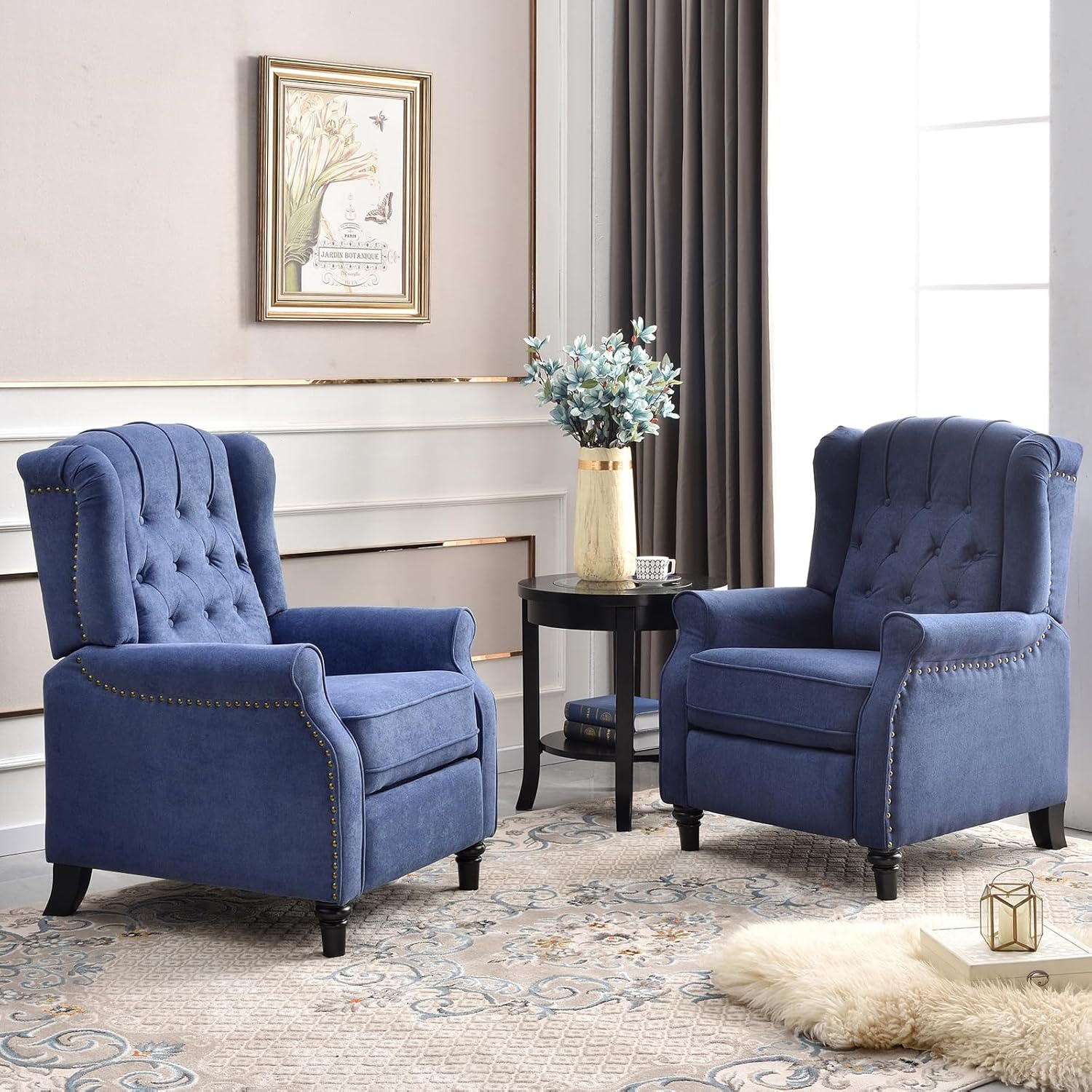 EBELLO 2 Pcs Pushback Recliner Chairs, Fabric Armchair Push Back Recliner with Rivet Decoration