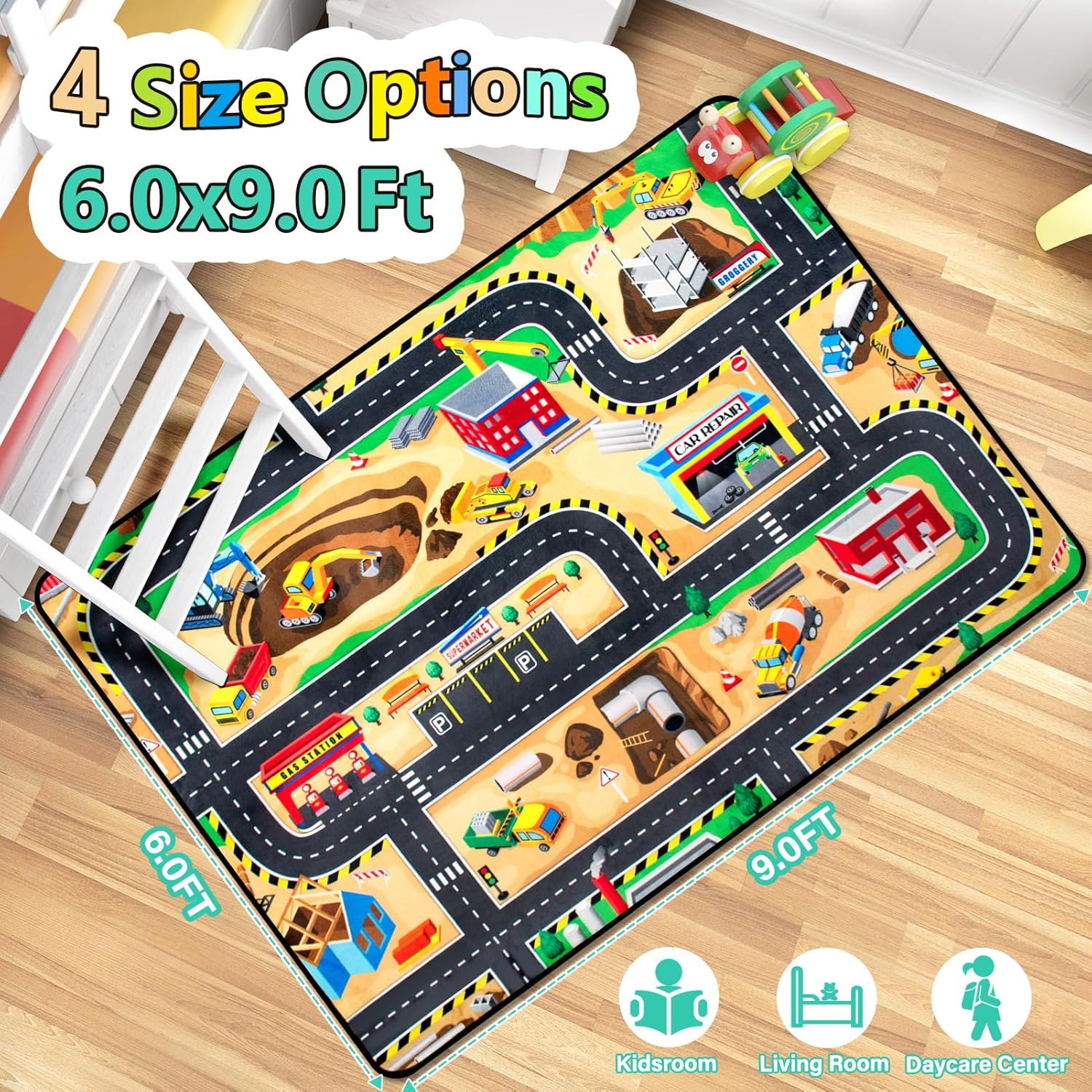 Kids 6x9 Ft Construction Site Play Rug, Baby Play Mat, Tufted Wool & Rubber, Non-Slip, Stain & Fade
