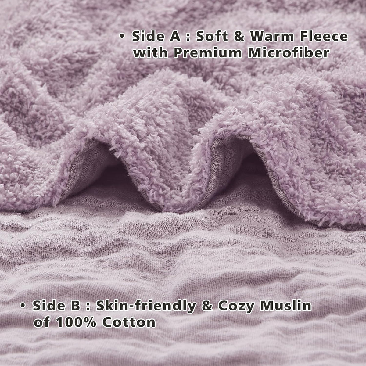 EMME Muslin and Fleece Throw Blanket Reversible - 50"*60" Lavender Soft Warm Throw Blankets for