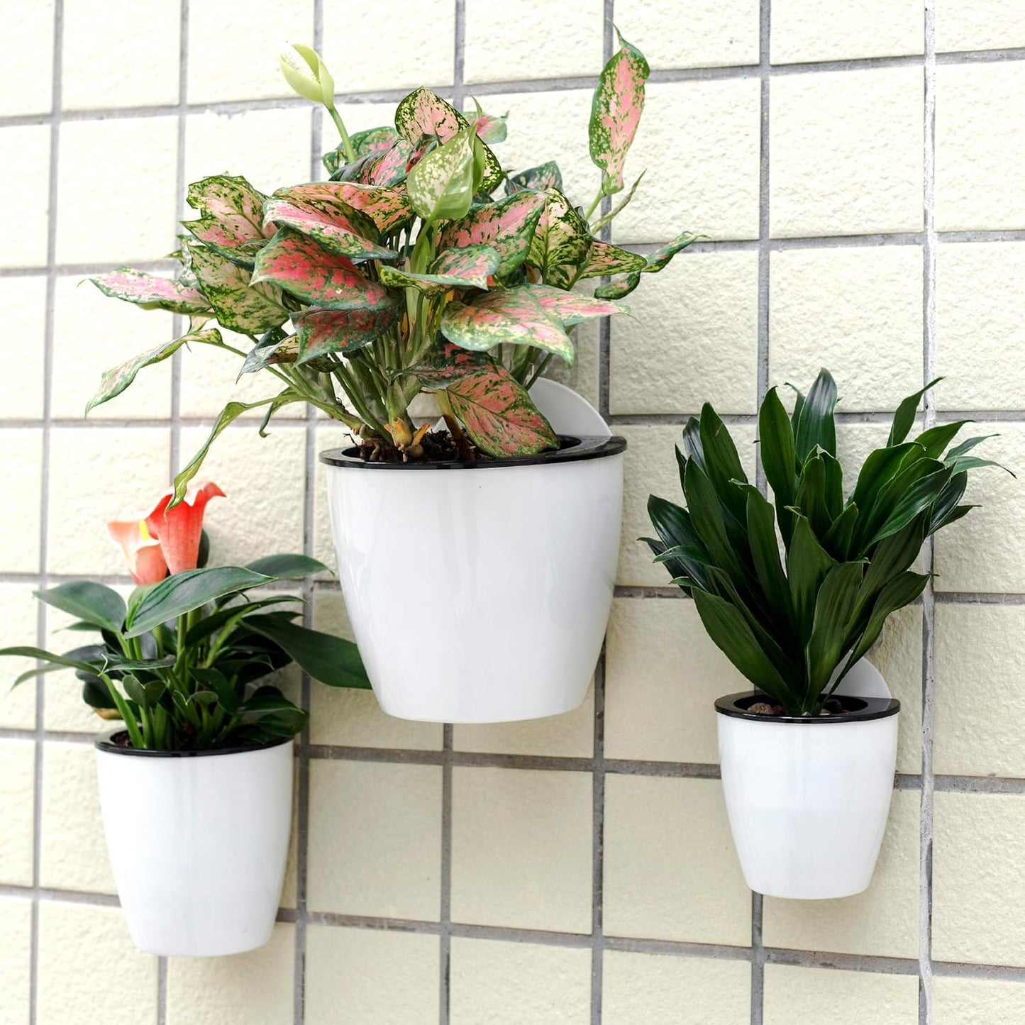 6 Pack White Hanging Planter Pots Self Watering Vertical Garden Wall Mount Window Hang Round