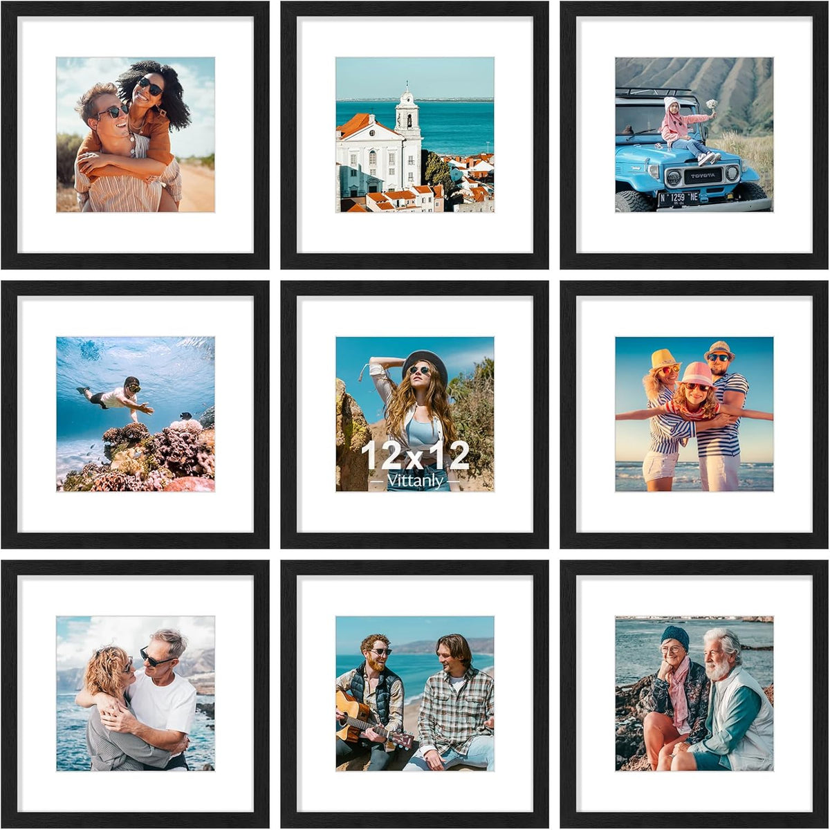 Vittanly 12x12 Picture Frames Set of 9, Shatter Resistant Plexiglass, Display 8x8 Pictures with Mat