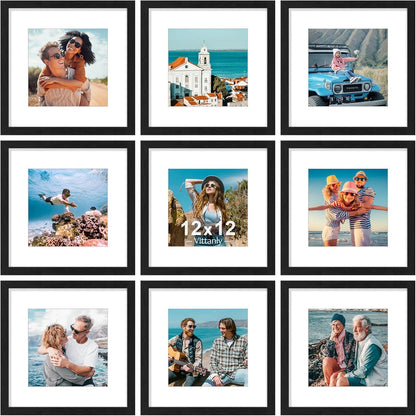 Vittanly 12x12 Picture Frames Set of 9, Shatter Resistant Plexiglass, Display 8x8 Pictures with Mat