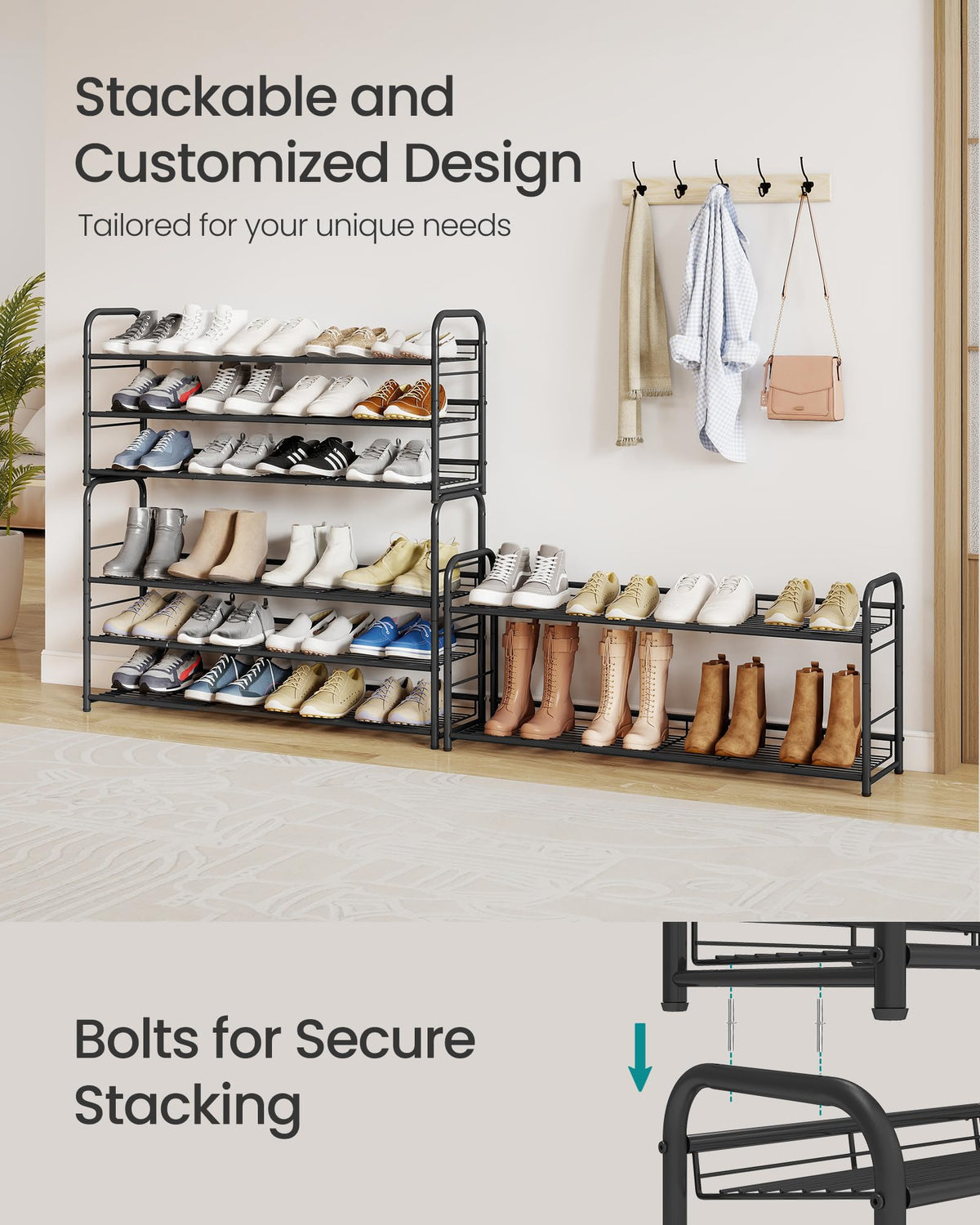 SONGMICS 4-Tier Long Stackable Metal Shoe Rack, Holds Up to 20 Pairs