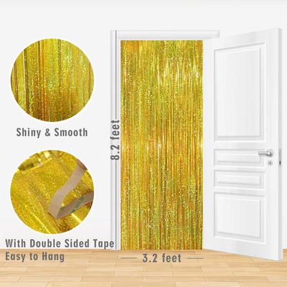 GOER 3.2 ft x 8.2 ft Metallic Tinsel Foil Fringe Curtains Party Photo Backdrop Party Streamers for