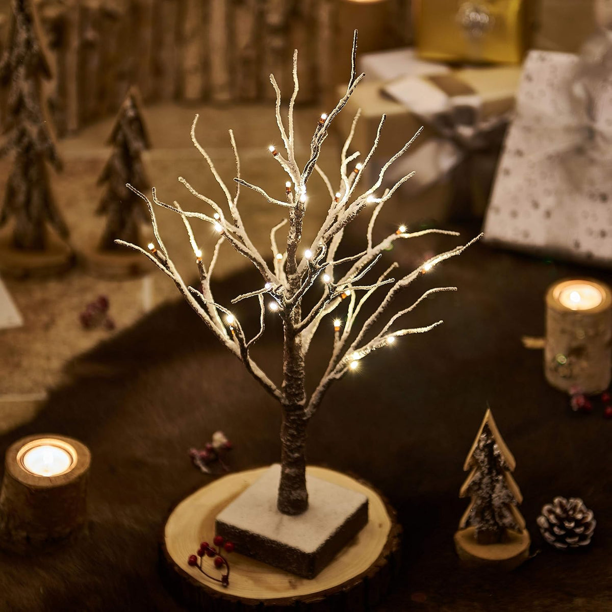 Hairui Pre Lit Tabletop Snow Dusted Tree with Timer 24LED 18IN Battery Operated for Christmas