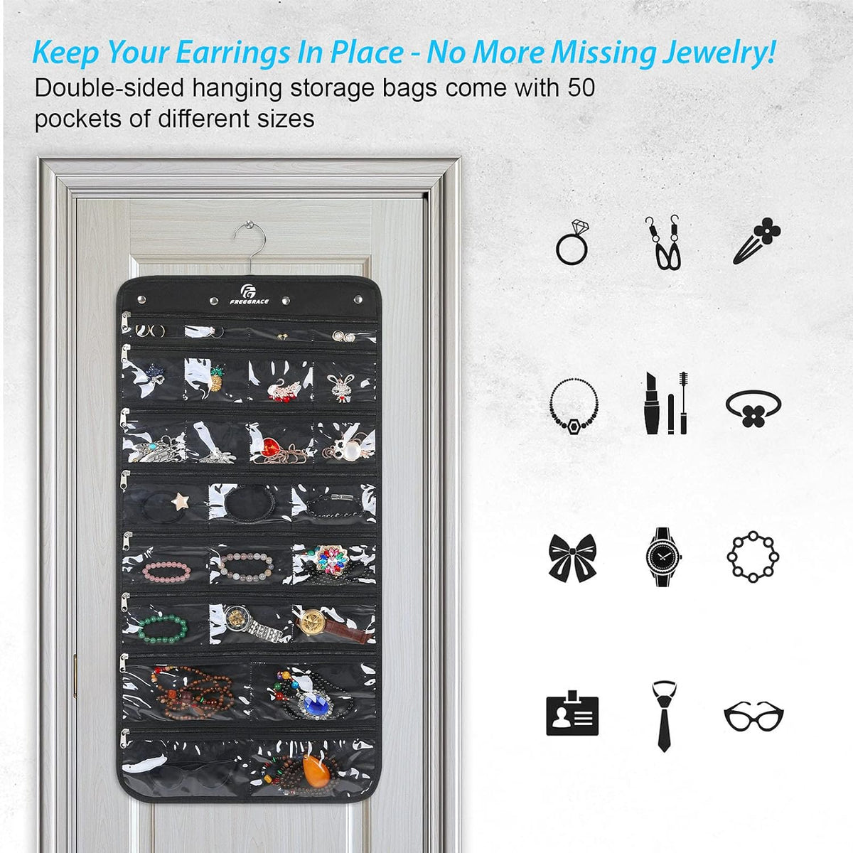 Freegrace Hanging Jewelry Organizer Revolving Hanger - Secure Zipper Closure - 50 Pockets